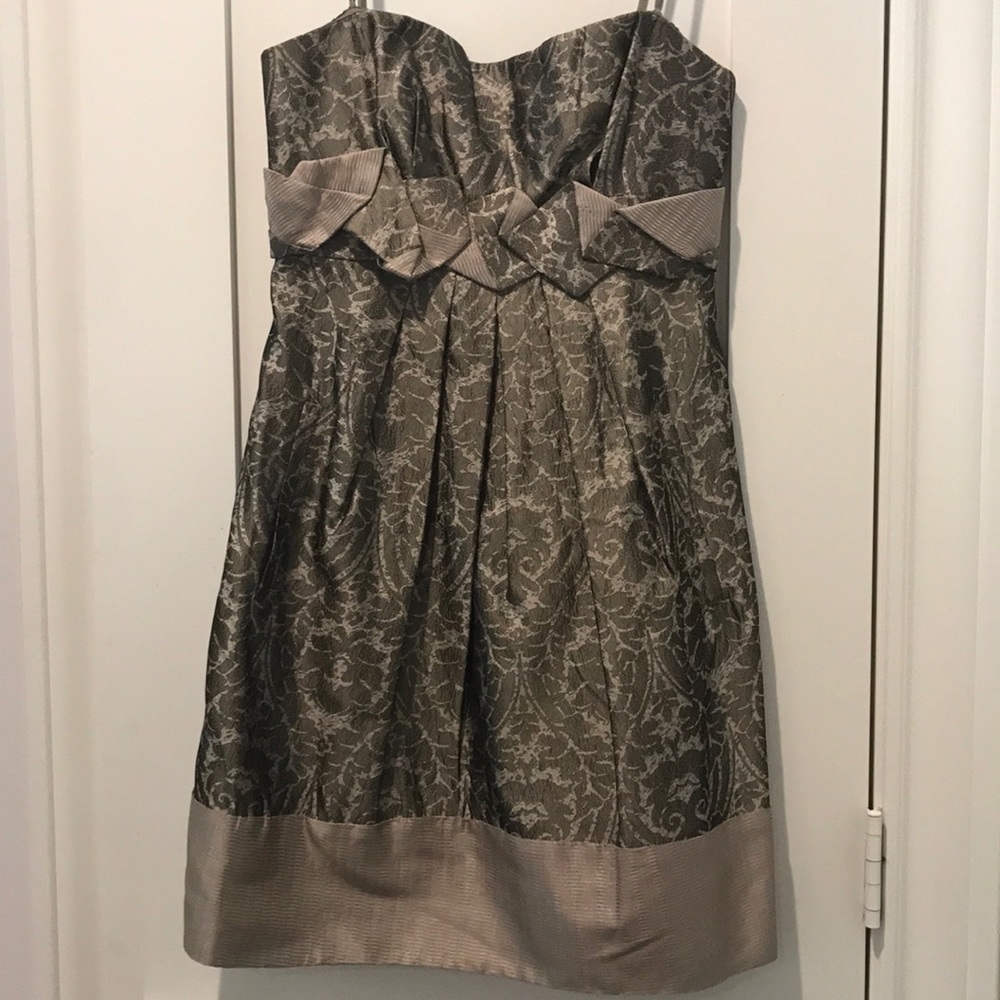 BCBG strapless bronze satin cocktail dress
